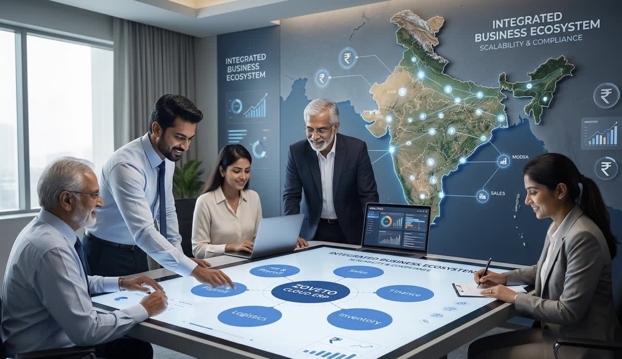Business team reviewing Zoveto Cloud ERP on an interactive table: Sales, Finance, Inventory, Logistics, and Payroll modules with India operations map in the background